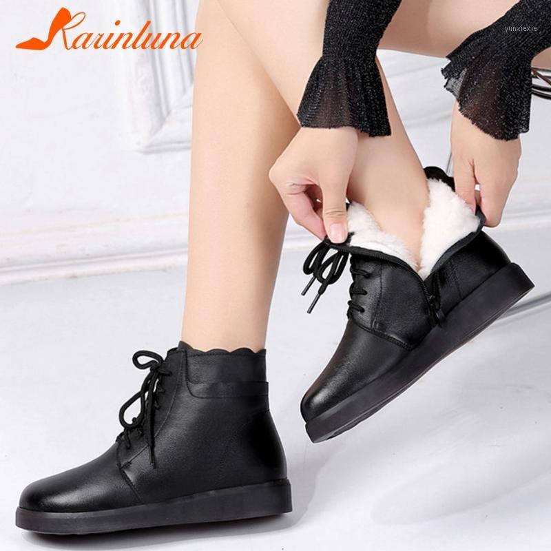 

Dropship Karin New Arrival shoes woman Casual Cow Leather Wool Warm Round Toe Cross-tied Flats with Winter Non-Slip Boots1, Black
