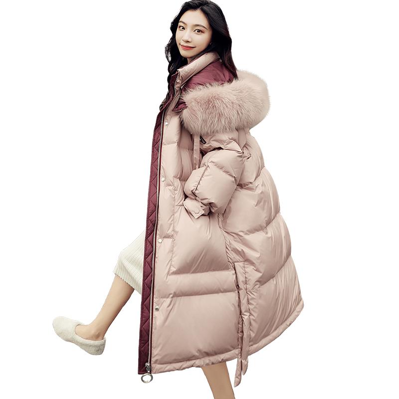 

Women Winter Warm Long Down Coats Fur Collar White Duck Feather Overcoat, Black
