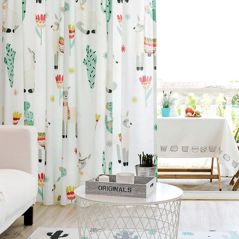 

Semi Blackout Curtains for Living Room Creative Curtains for Kids Bedroom Cactus Alpaca Printed Curtain Cotton Linen Drapes, 1pc cloth curtain