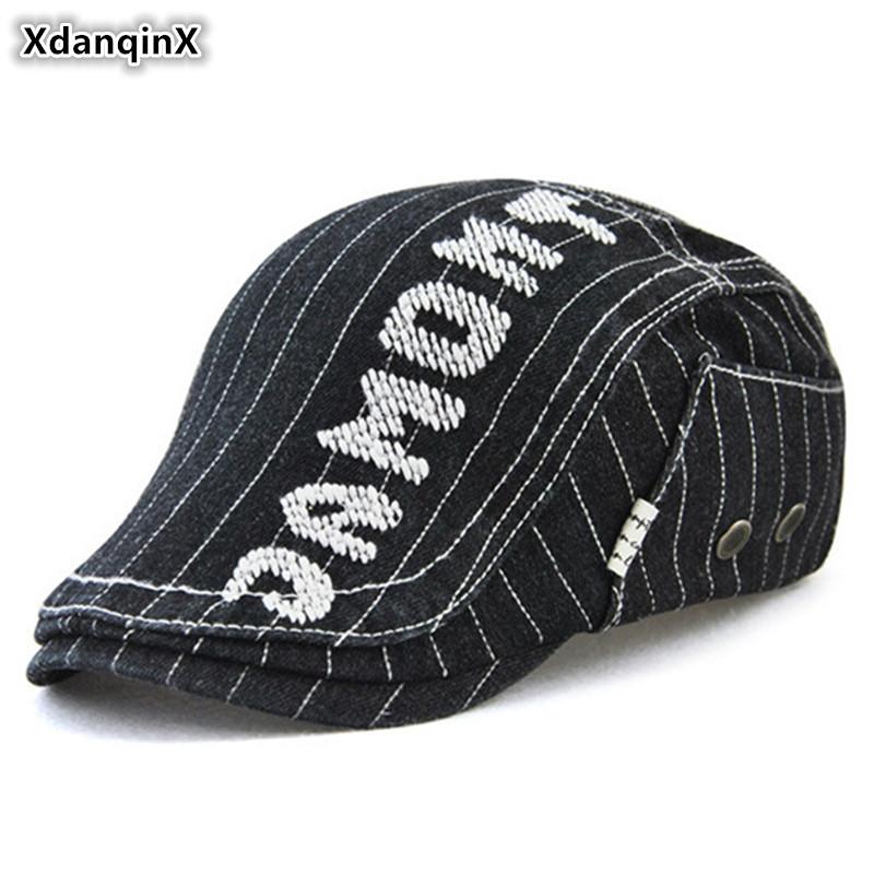 

Berets XdanqinX Denim Cotton Hat Men's Fashion Adjustable Size Letter Embroidery Hats Women's Personality Hip Hop Cap, Color-1