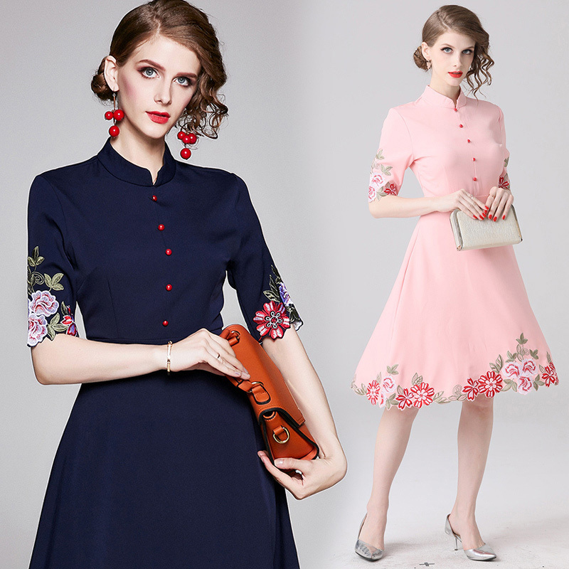 

2021 New High Quality Flower Embroidery Women Stand Half Sleeve Elegant A-line Female Summer Casual Midi Es Vestidos Hyua, Blue