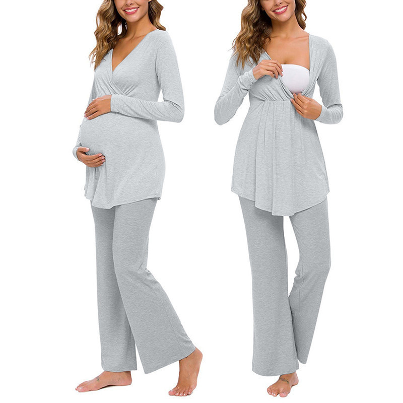 2020 New Nursing Pajamas Set Nightie For Feeding Baby Tops Women Winter Sleepwear Pyjama Allaitement Maternity Pregnancy Clothes LJ201119