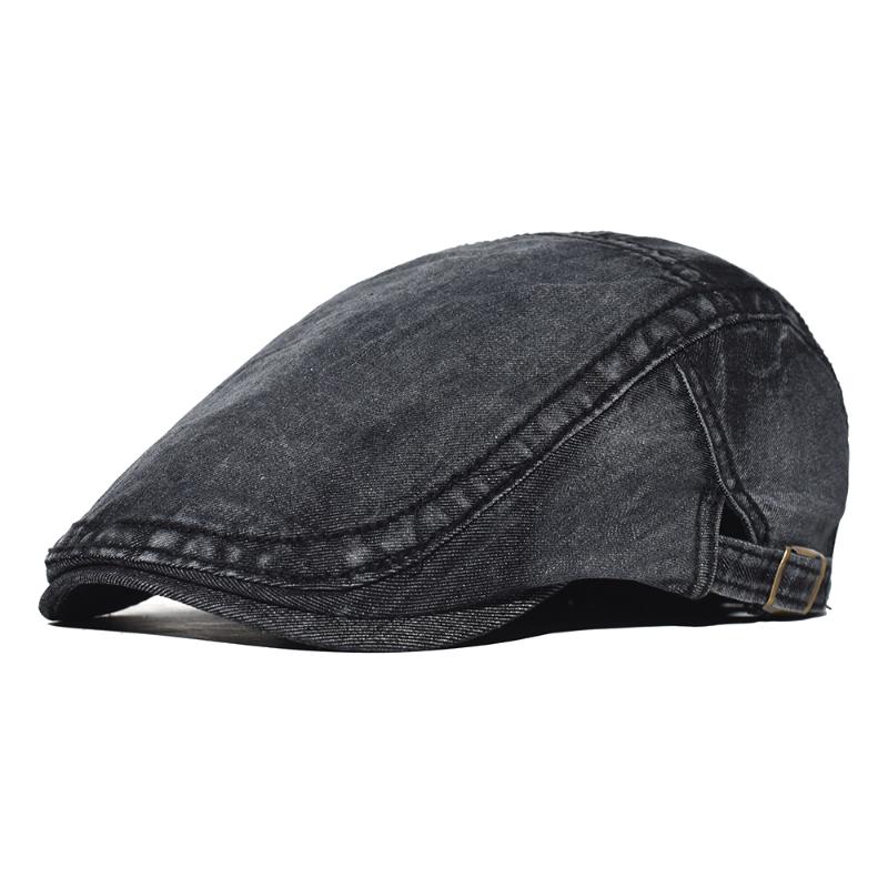 

Men's Fashion Denim Flat Newsboy Ivy Cap Washed Distressed Peaked Cap Adjustable Cotton Vintage Ivy Gatsby Cabbie Hats Driving, Black