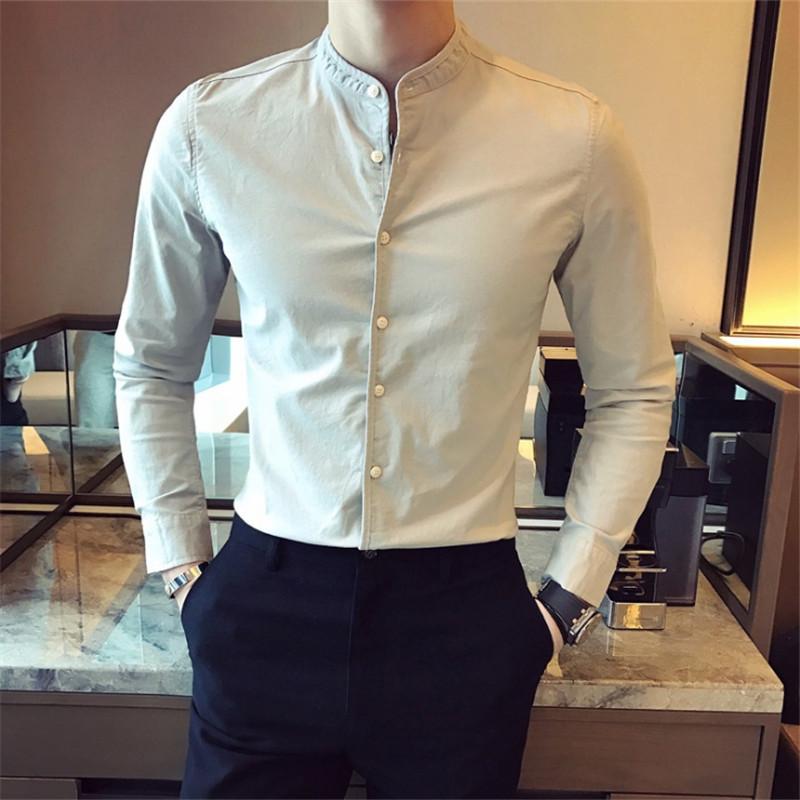 

Spring Male Slim High-End Leisure Shirts Men's Fashion Boutique Cotton Solid Color Collar Casual Business Long-Sleeved Shirts