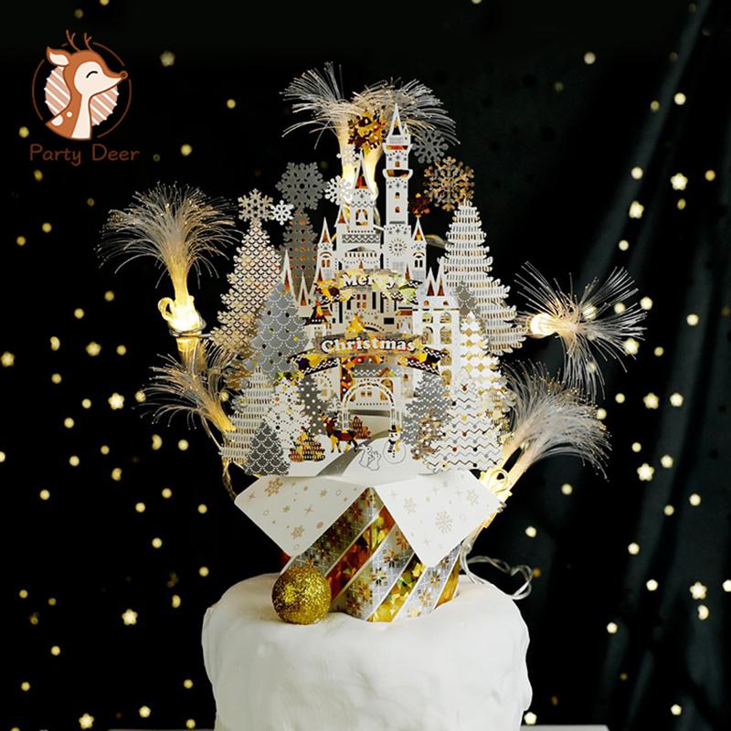 

Merry Christmas White Gold Fairytale Castle three-dimensional paper card beautiful Party decoration Fireworks Cake topper