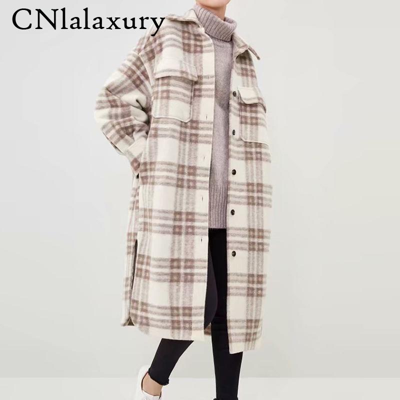 

New Women Autumn Winter Plaid Shirts Wool Coats 2020 Long Sleeve Vintage Pockets Jacket Female Casual Loose Outerwear Overcoat, Light color