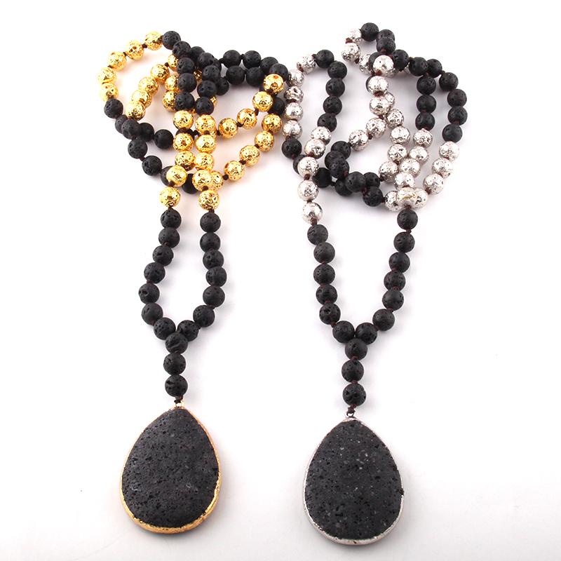 

MOODPC Fashion Bohemian Tribal Jewelry Lava Stones Knotted Black Lava Pendant Necklace Women Ethnic Necklace