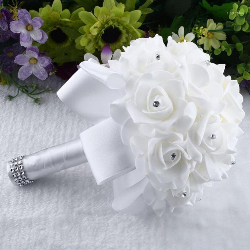 

1Piece Elegant Custom Crystal Rose Pearl Bridal Wedding Bouquets Beaded Bridesmaid Stitch Artificial Silk Flower#YL51, Red