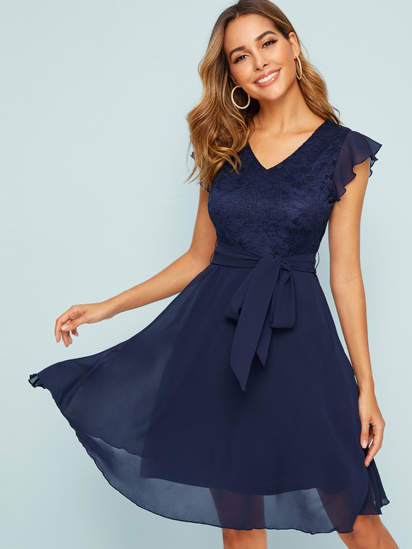 

Lace Bodice Fit and Flare Self Belted Dress SHE, Navy blue