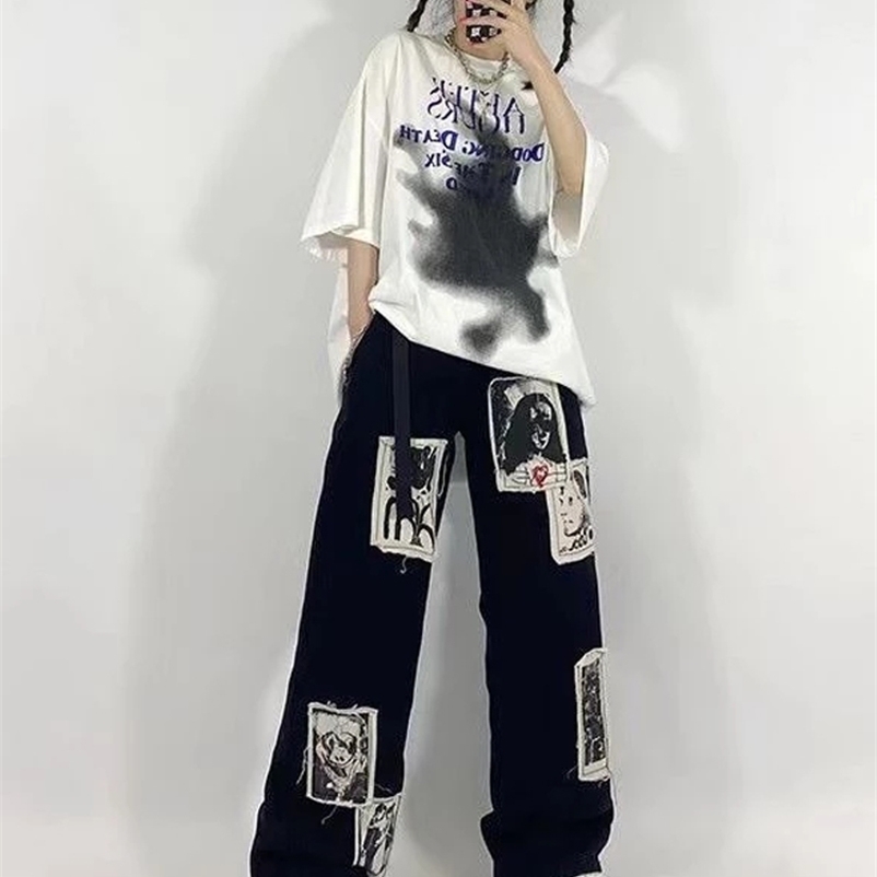 

HOUZHOU Grunge Punk Patchwork Black Jeans Women Hip Hop Streetwear Print Oversize Wide Leg Trousers 90s Vintage Fashion Pants 220315