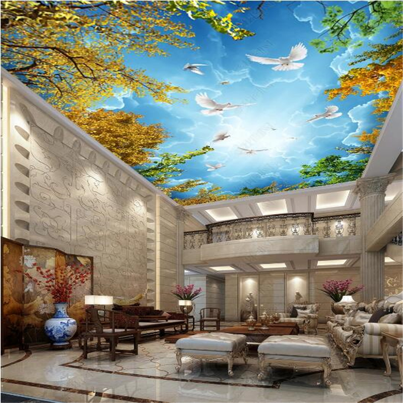 

Custom Photo Wallpaper Zenith Blue sky and white cloud bird Ceiling zenith mural Living Room Restaurant, Custom sizes