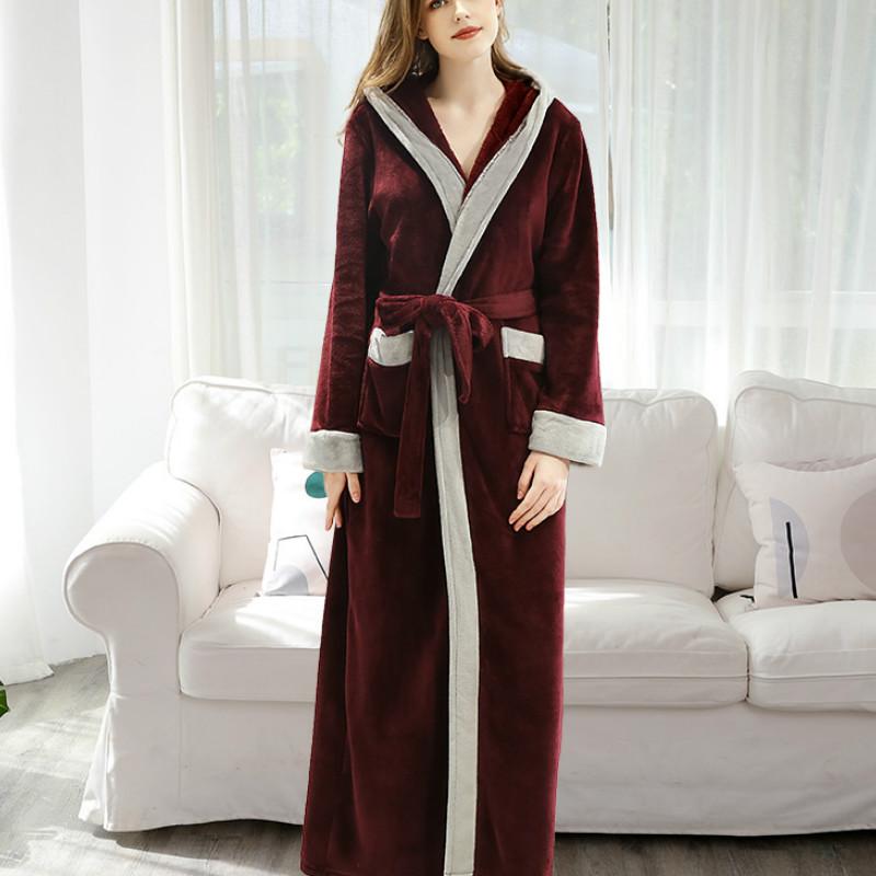 

QWEEK Winter Thick Warm Robes Woman Flannel Warm Bathrobe Long Autumn With Hat Sleepwear Robe Soft Women Pajamas Robe, Shenhui