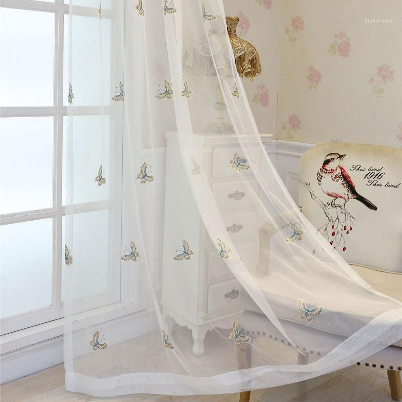 

Blue Yellow Butterfly Embroidered Tulle Curtain for Living Room Transclucent Net Fabric Balcony Window Treatment Tende JS259C1, As picture
