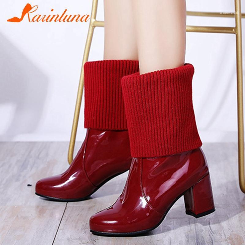 

Karin 2020 New Arrivals Patent Leather Comfy Autumn Winter Boots Woman Shoes Thick Heels Slip On Platform Mid Calf Boots1, White