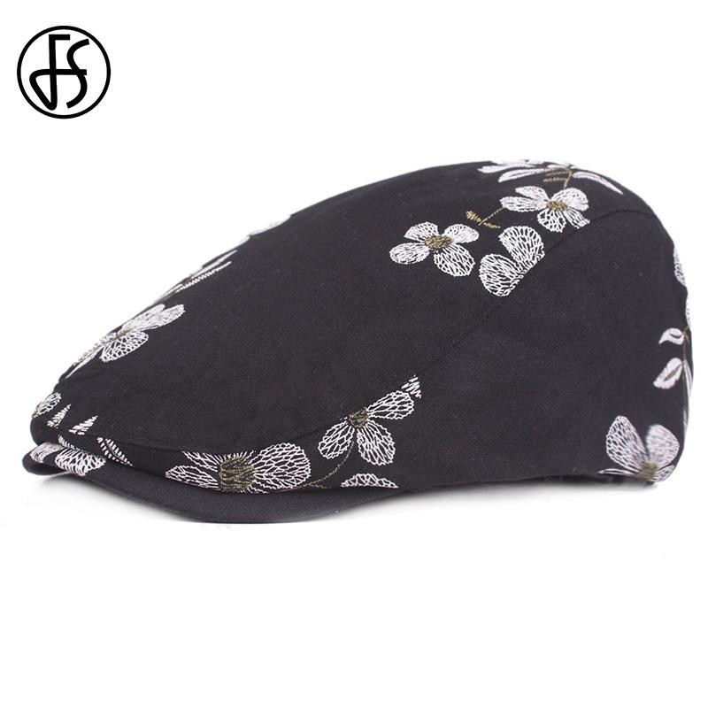 

FS Chinese Style Flower Embroidery Peaked Caps Women Casual Travel Beach Visors Cap Autumn Winter Ladies Beret Cap Casquette, Black flat cap