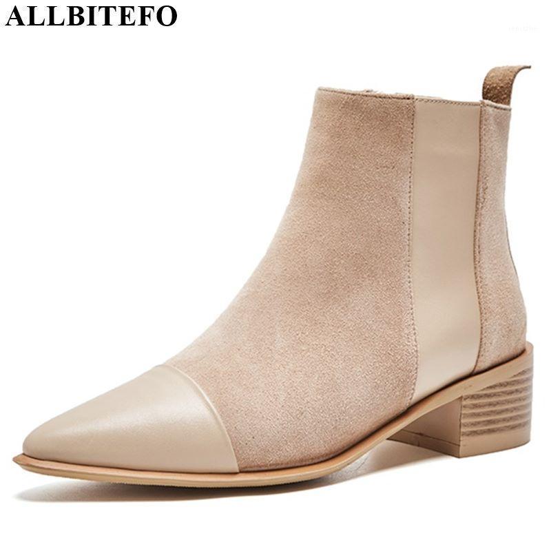 

ALLBITEFO Two kinds of genuine leather women boots pointed toe ankle boots simple style Autumn Winter comfortable fashion1, Plush inside