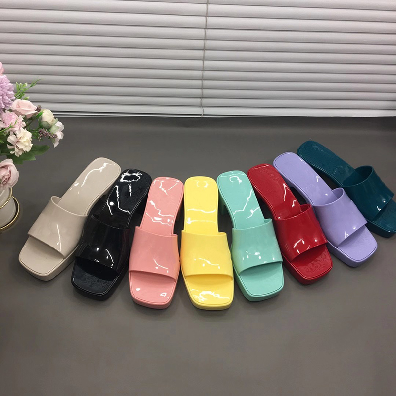 

Women's Rubber Slide Sandal High Heels platform sandals Candy Colors Chunky Heel Retro Shoes Summer Sexy sandals Size 35-41 with box 267, Red