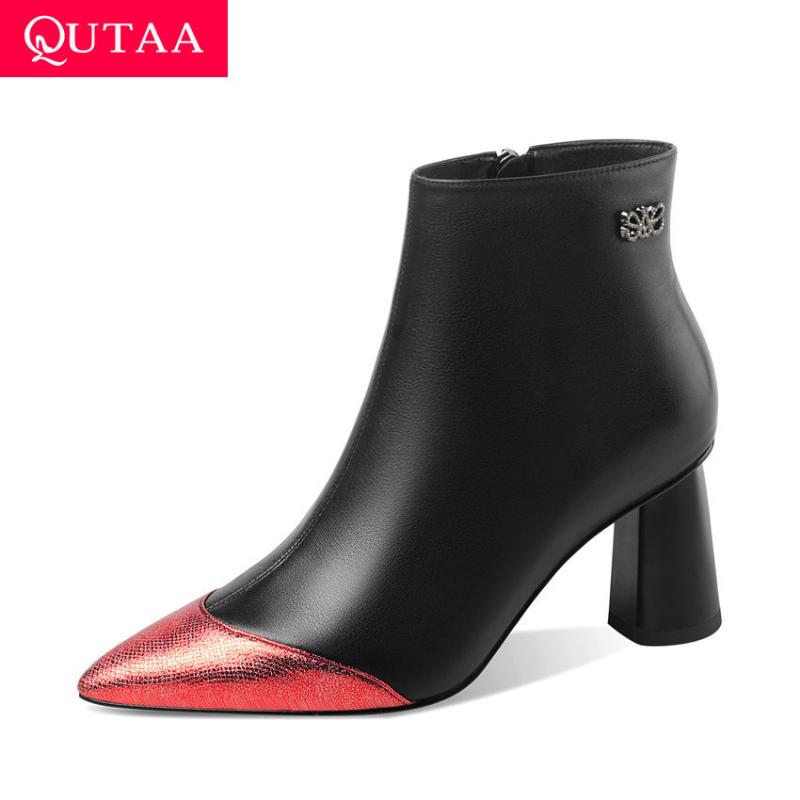 

QUTAA 2020 Mixed Color Pointed Toe Ankle Boots Autumn Winter Square Heel Women Shoes Cow Leather Zipper Women Boots Size 34-41, Beige