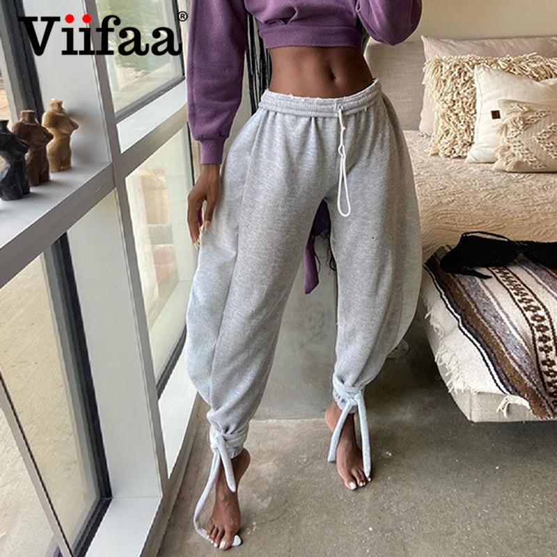 

Viifaa Elastic Waist Wide Harem Pants Women Self Tie Hem Sweatpants 2020 Autumn Winter Streetwear Fashion Pants, Gray