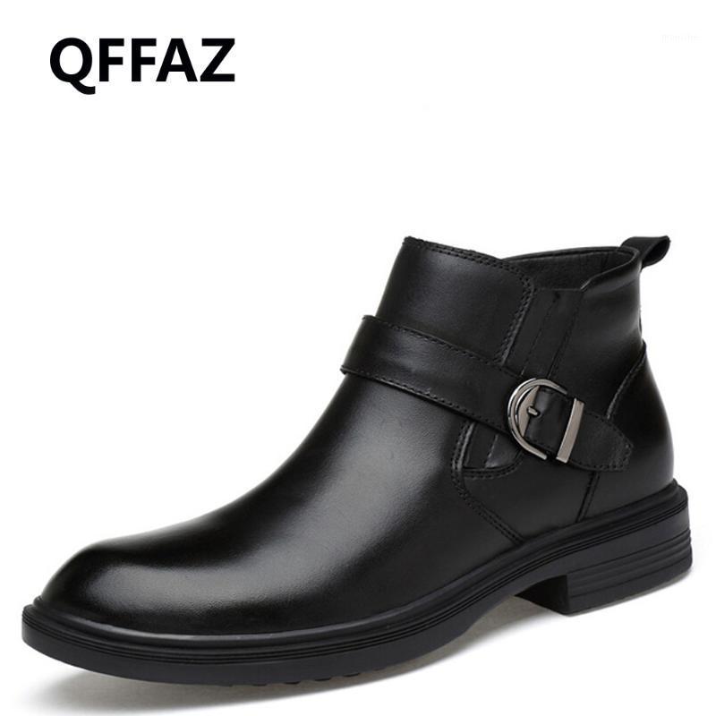 

QFFAZ New Men Ankle Boots Genuine Leather Men Boots Winter Fur Shoes snow 2020 Buckle Elastic Band1, Black without fur