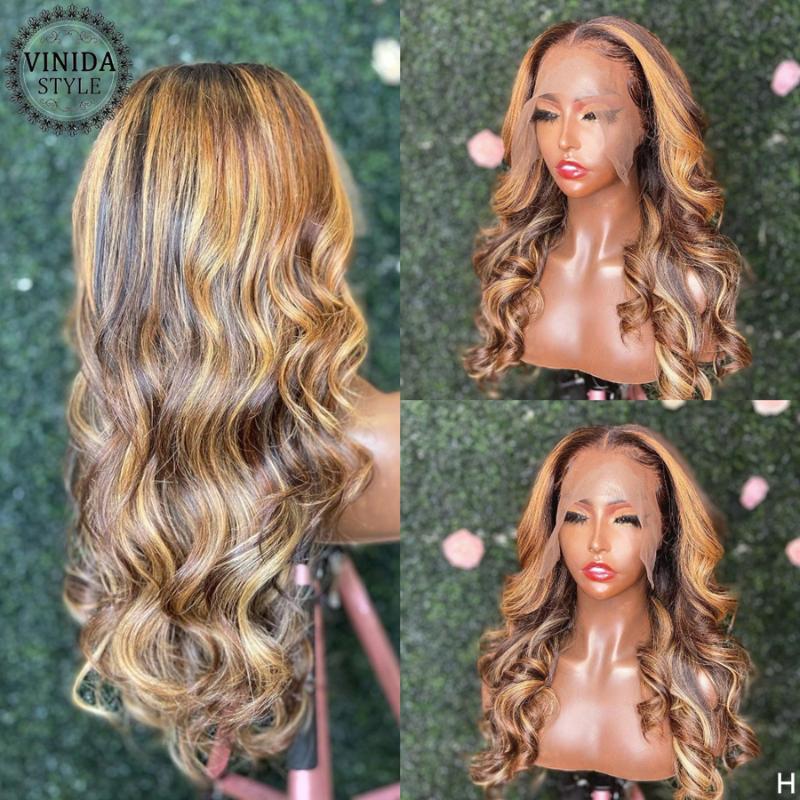 

VINIDA STYLE Highlight Wave T-part Lace Front Human Hair Wigs Scalp Top Closure Wigs 150% Density With Baby Hair Non-Remy, T part wig