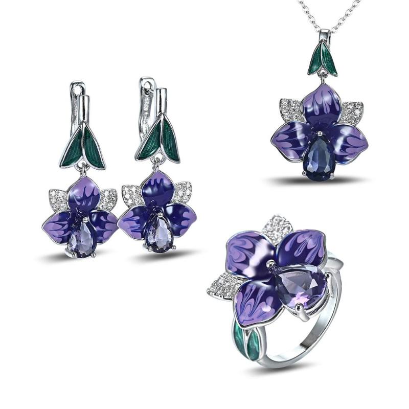 

Earrings & Necklace Brand Wedding Engagement Jewelry Sets For Women Big Cubic Zirconia Purple Flower Enamel Bohemia Cocktail Party Set, As pic