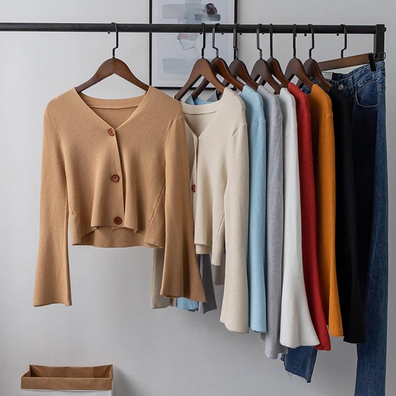 

Sweaters For Female Autumn Cardigan Trumpet Sleeve Knitted Solid Color Loose Sweaters Harajuku Sweet Women Jumpers