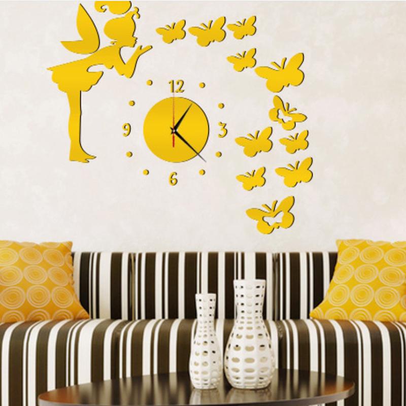 

New Creative 3D Wall Clocks Quartz Acrylic Wall Clock Mirror Fairy Sticker Watch Kids Home Living Room Decoration Decor