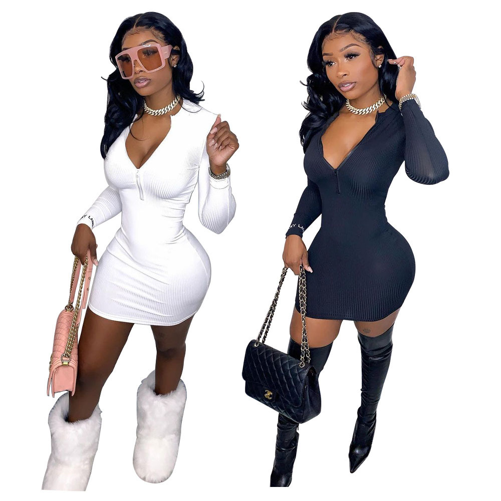

Spring and Autumn 2021 New women' nightclub sexy V-neck Article pit zipper tight dress Designer fashion Solid color Long sleeve Tight dress, Black