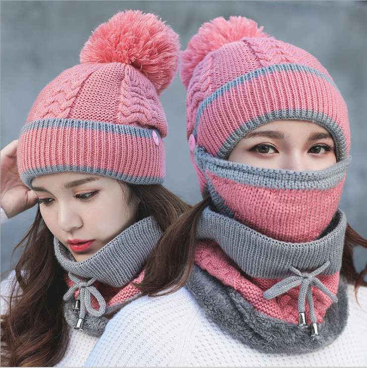 

winter spring warm mask scarf hat set fur inside 3pcs suit ear protection biker bucket Beanie Skull Ponytail Detachable Pompom Hat wholesale, White