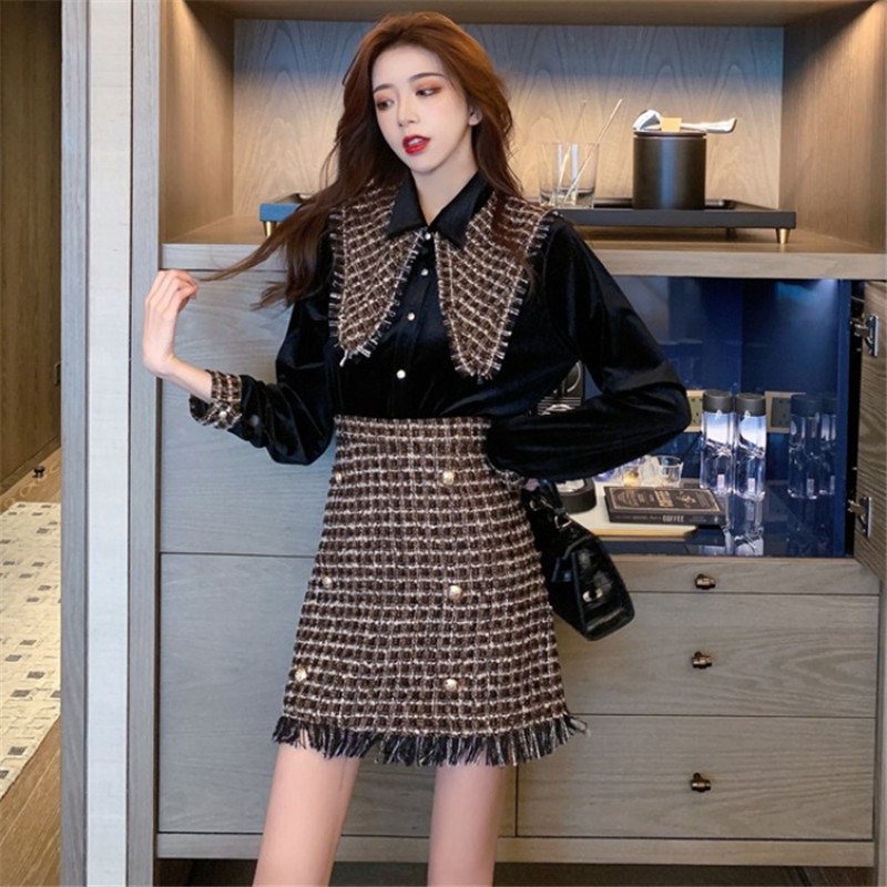 

2021 New Sweet Portrait Girls Piece Define s Autumn Ladies 2 Past Sets Vintage Shirts *chess Skirt Classic Defines Two Female Garments 0FU9, Burgundy