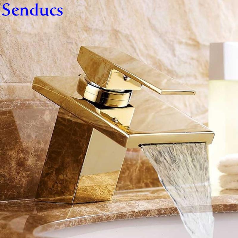 

Senducs Square Gold Bathroom Basin Faucet Deck Mounted Golden Basin Sink Faucet Newly Hot Cold Square Gold Bathroom