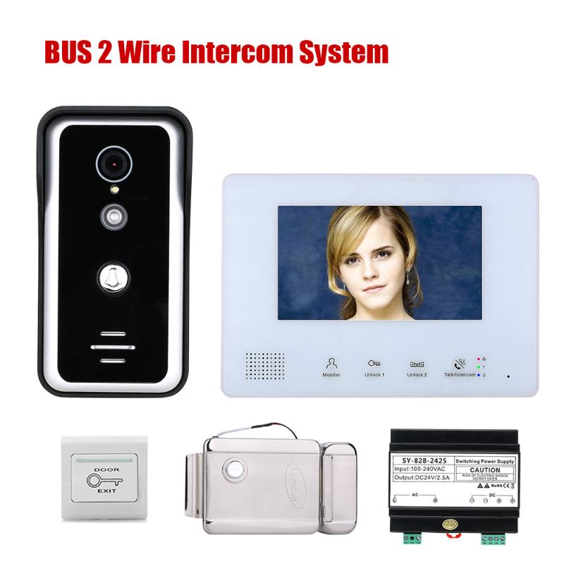 

7 Inch BUS 2 Wire Video Door Phone Intercom systems Electronic Door Lock for home 1-doorbell camera 1-monitor Night Vision