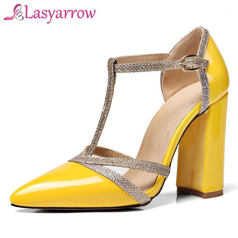 

Lasyarrow Thick High Heels Wedding Shoes Gladiator Shoes Woman T-strap Dress Pumps Cut Outs Sexy Pointed Toe Party RM2341, Black