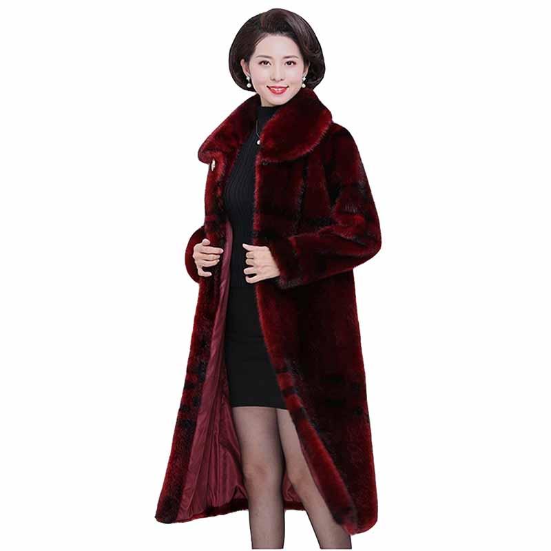 

2020 New High Quality Coat Middle-aged Women Winter Faux Fur X-Long Jacket Plus Size Thicken Loose Casual Outwear KW430, Red wine