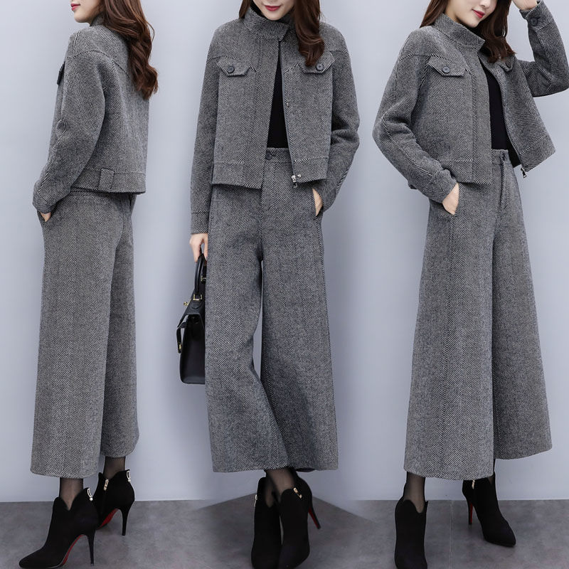 

autumn 2021 New wool two pieces women's clothing short coat and long pants elegant suits y477 VO73, Suit