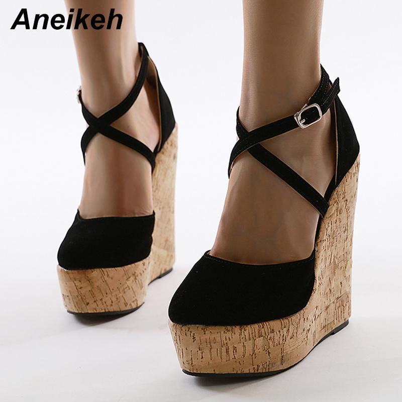 

Aneikeh NEW Summer Women Shoes Sandals Cross-Strap Flock Fashion Platform Wedges Buckle Back Dress Pointed Toe Black 41 42