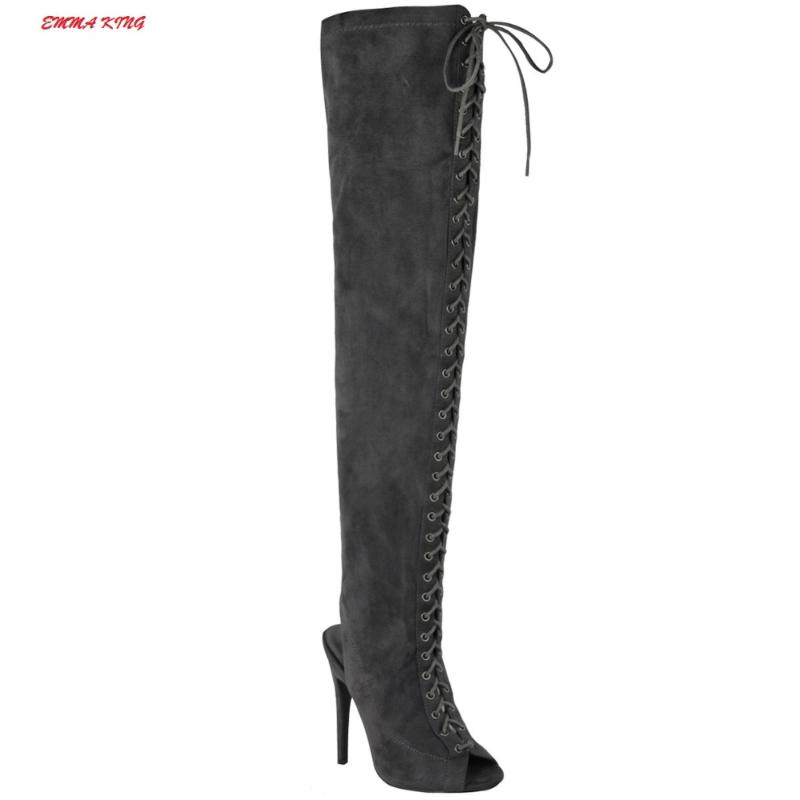 

Emma King Women Summer Boots Over The Knee Cross Tied Peep Toe Ladies Thigh High Boots Sexy Slim Woman Dancing Party Boot Gray43, As picture