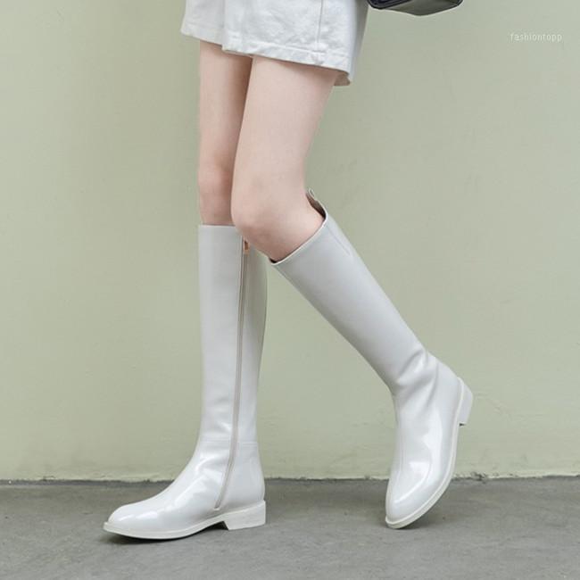 

PXELENA Genuine Patent Leather Riding Boots Women Zip 2020 Autumn Winter Knight Motorcycle Combat Knee High Boots Shoes1, White autumn
