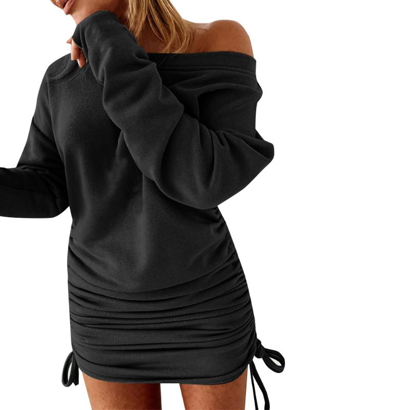 

Casual Dresses Spring Autumn Women Fashion Long Sleeve Crew Collar Loose Mini Dress Winter Warm Basic Tunic Stylish Drawstring Clothes, Black