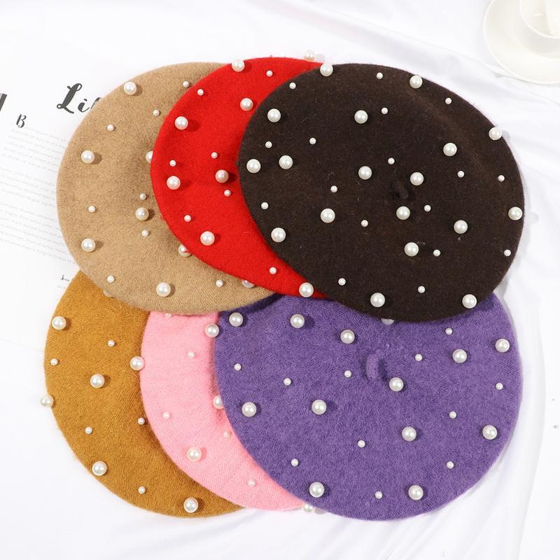 

Pearl Wool Beret Hat 2020 New Vintage Cashmere Women Girls Winter Elegant French Cap Casual Soft Warm Simple Fashion1, Black