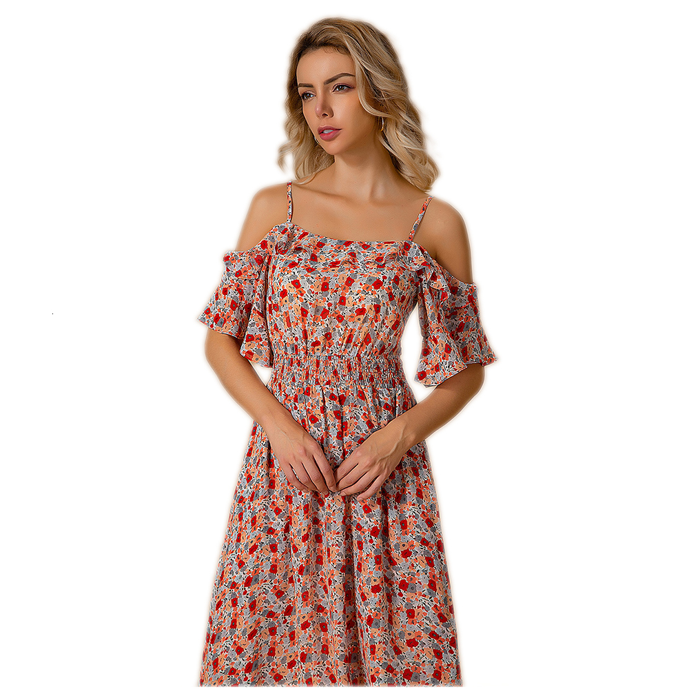 

2021 New Boho Vintage Ruffles Floral Print Split Sexy Off Shoulder Summer Maxi Long Party Women Irregular Beach Holiday 1bj6, Blue