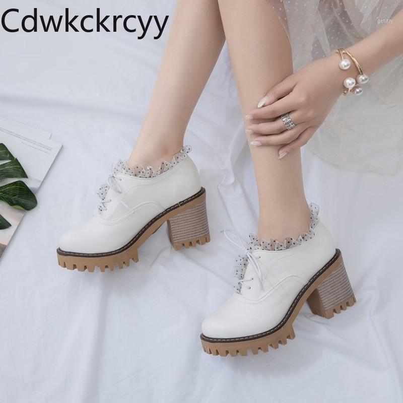 

spring and fall The New fashion Round head Thick heel Women shoes black sweet College style Lace up High heel Single shoes 34-431, Beige