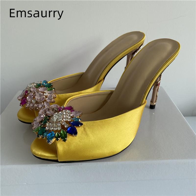 

Luxury Satin Crystal Flower Decor Sandals Women Iridescent Metal Petal Thin High Heel Open Toe Rhinestone Runway Shoes Woman, Yellow