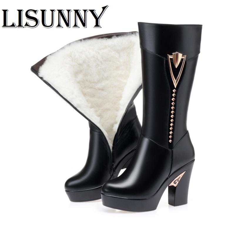 

Women Long boots 2020 Platform High Heel New Winter Boots Women Cow Leather Thick Wool Fashion footwear with thick Heel, Black fluff