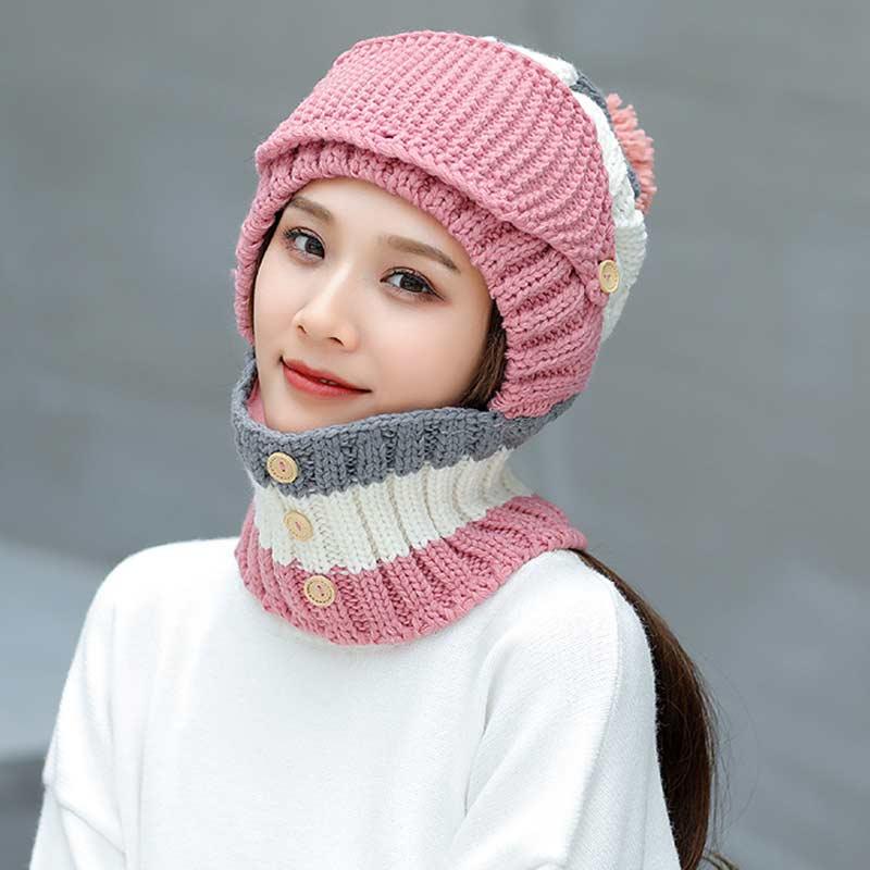 

Autumn Winter Plus Velvet Hat Women's Bib Face Cover Three-Piece Set Warm Knitted Hat Outdoor Comfortable Portable