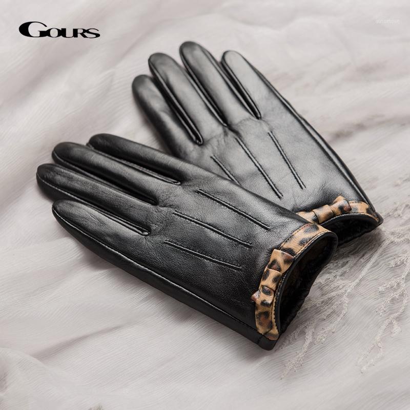 

GOURS Genuine Leather Gloves Women Fashion Real Goatskin Leopard Print Black Winter Touch Screen Gloves Wool Lining Warm GSL0671