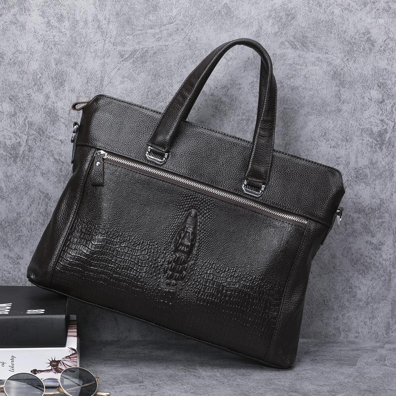

crocodile head pattern men business bag genuine leather briefcase design vintage shoulder handbag work laptop bags1, Brown