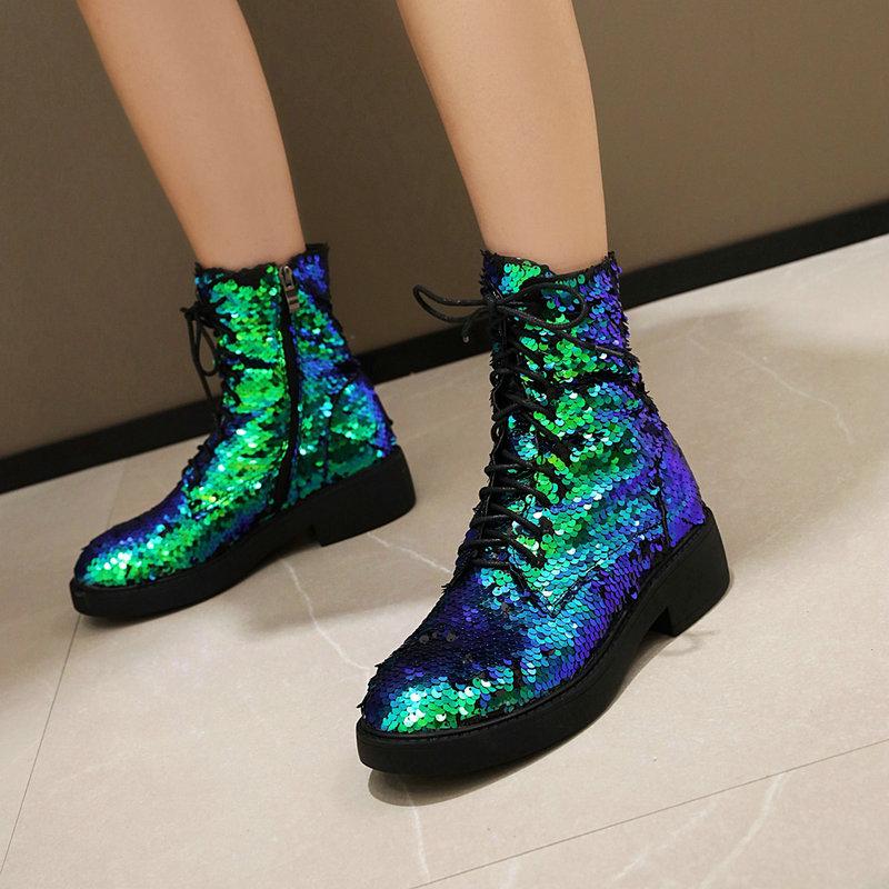 

Sequined cloth Ankle Boots Women med heels Short Boots Lace Up Round Toe bling Shoes Lady party dress shoes Size 34-43, Black
