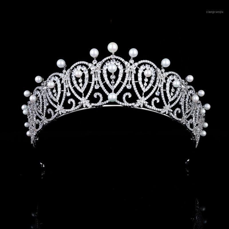 

Hair Clips & Barrettes Luxury Wedding Pearl Zircon Bridal Crown Micro Inlaid CZ Bride Tiaras Headdress Jewelry HQ0323, Golden;silver